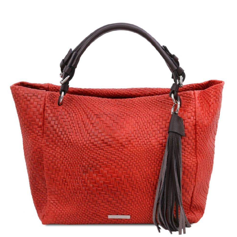 Женская кожаная плетеная сумка шоппер Tuscany TL142066  (Lipstick Red)