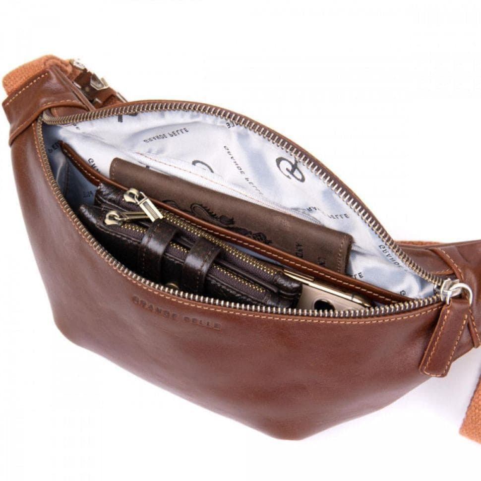 Шкіряна сумка на пояс бананка Grande Pelle 741623 коньячна — 2