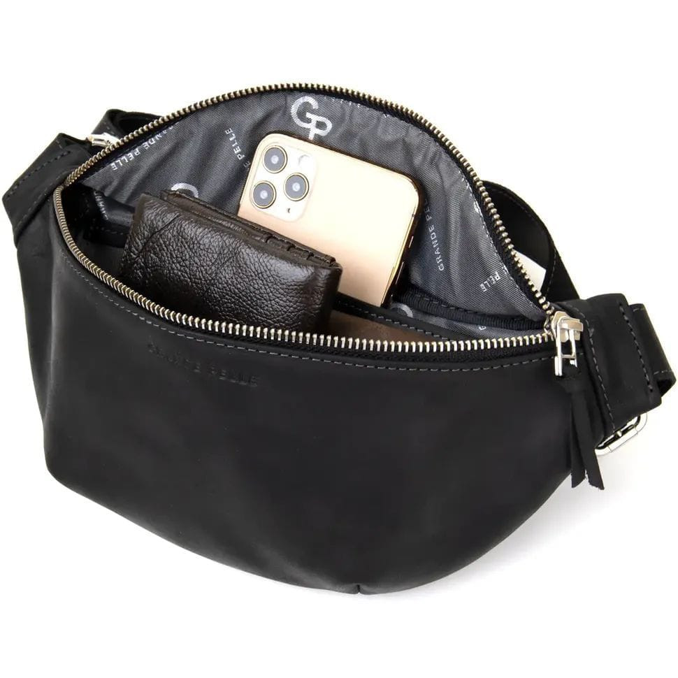 Кожаная сумка на пояс бананка Grande Pelle 741110 черный крейзи хорс — 3