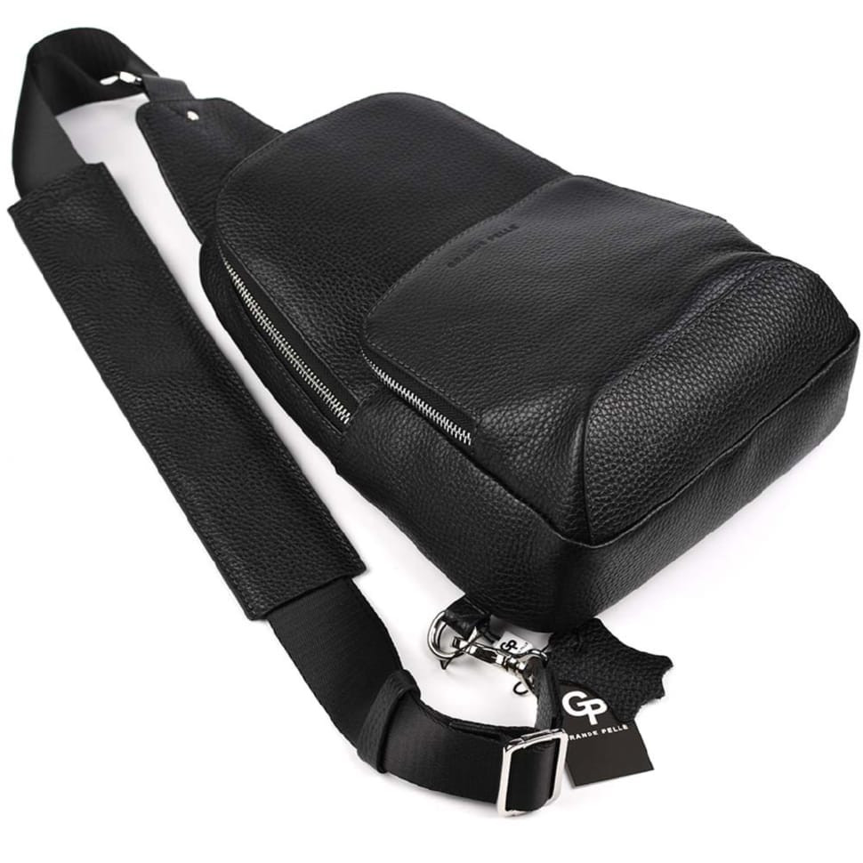 Кожаная нагрудная сумка слинг Grande Pelle 723710 черный флотар — 4