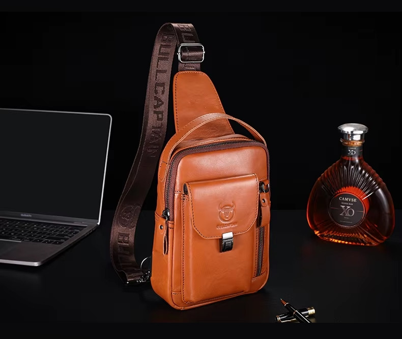 Кожаный мужской рюкзак слинг с ручкой Bull TB555B рыжий — 2