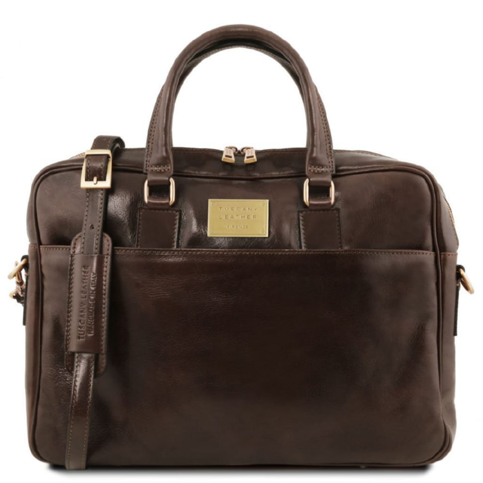 Кожаная сумка портфель для ноутбука на два отделения Tuscany Leather Urbino TL141894 (Темно-коричневый) — 2