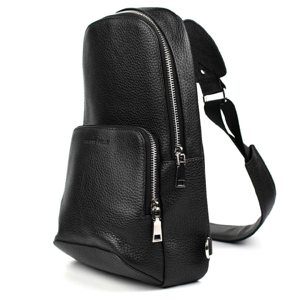 Кожаная нагрудная сумка слинг Grande Pelle 723710 черный флотар — 2