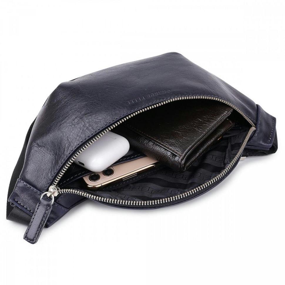Кожаная сумка на пояс бананка Grande Pelle 741670 синяя — 2