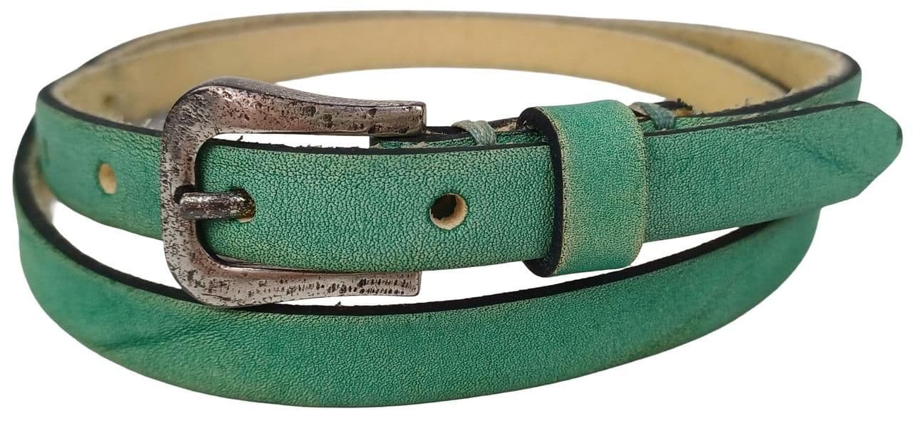 Узкий винтажный кожаный женский ремень ручной работы B.Belt бирюзовый