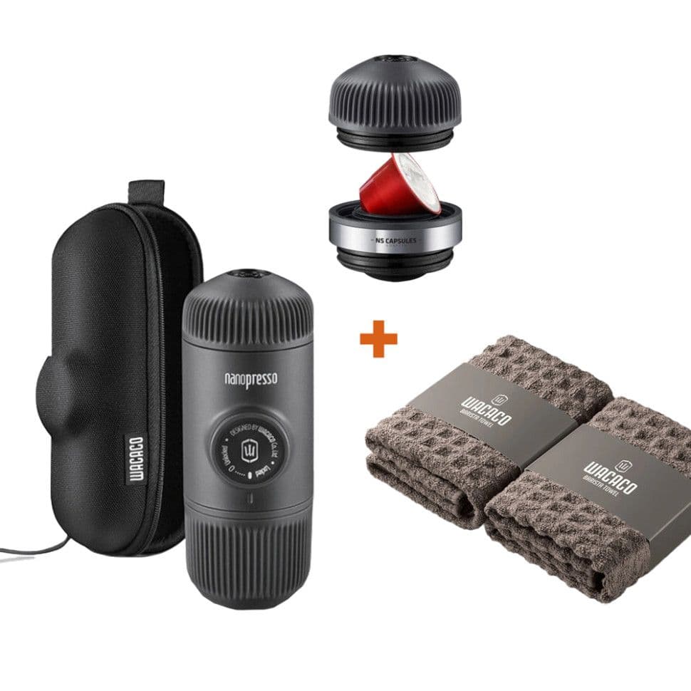 Набор Wacaco Nanopresso: кофеварка, адаптер для капсул и рушники бариста