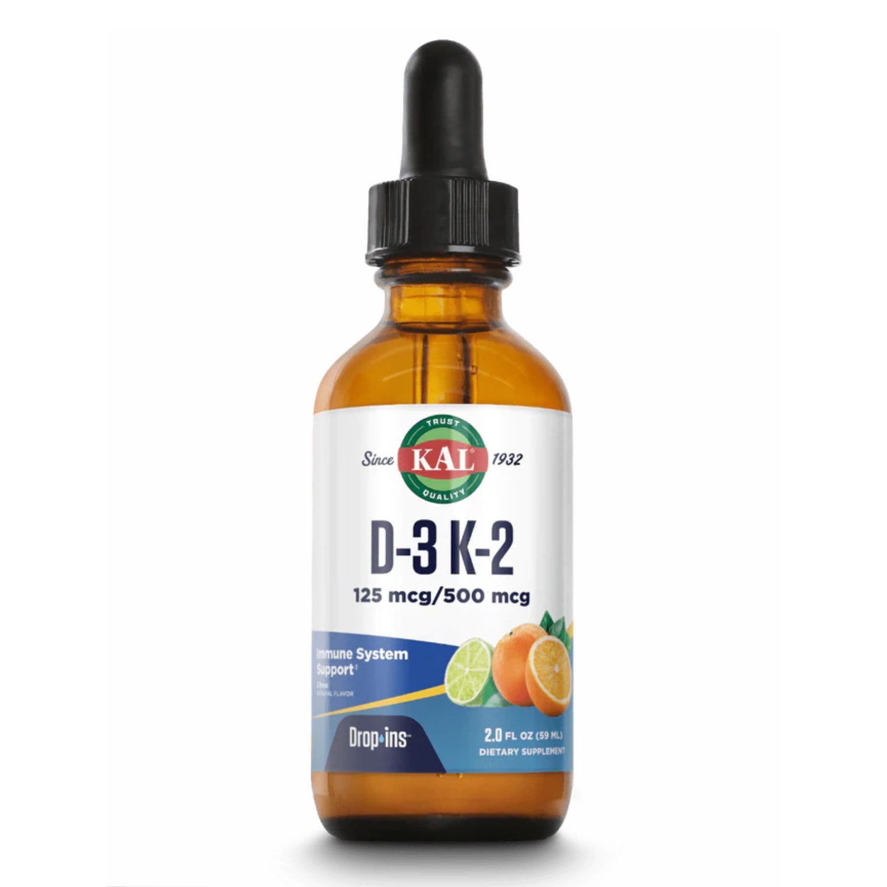 Витамин D3 и K2, капли, 125 мкг, 2 унции, Цитрус, KAL