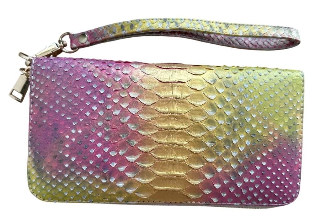 Гаманець портмоне із знімною ручкою Exotic Leather із натуральної шкіри пітона Рожево- жовтий (snw35) — фото 1