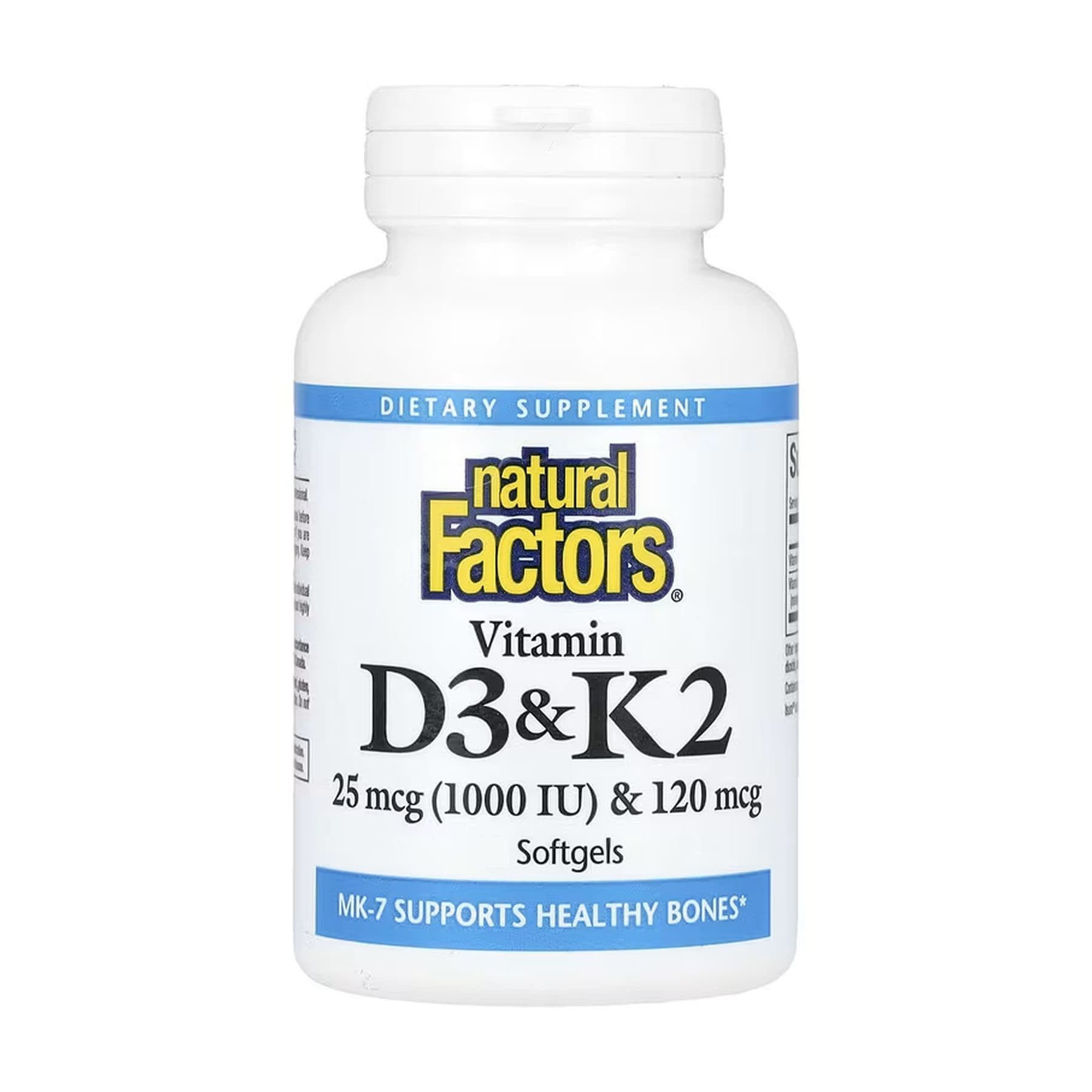 Витамин D3 25 мкг (1000 МЕ) и K2 120 мкг, 120 капсул софтгель, Natural Factors