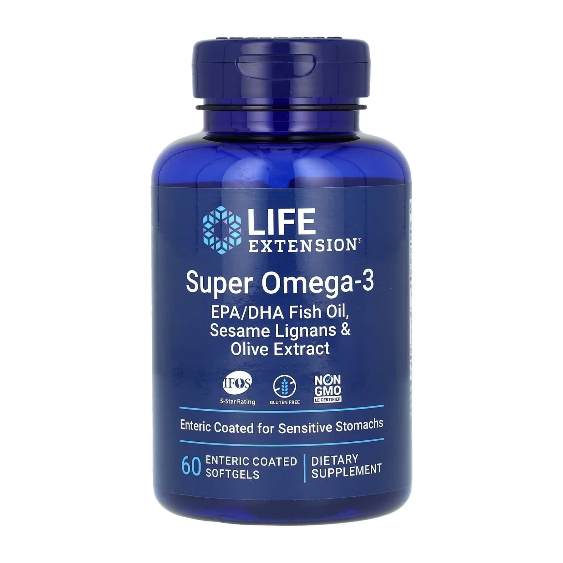 Super Omega-3 EPA/DHA рыбий жир с лигнанами кунжута и экстрактом оливы, кишечнорастворимая оболочка, 60 капсул софтгель, Life Extension