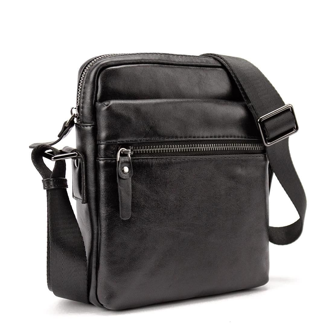 Месенджер класичний у гладкій шкірі чорний Tiding Bag 8717A-1