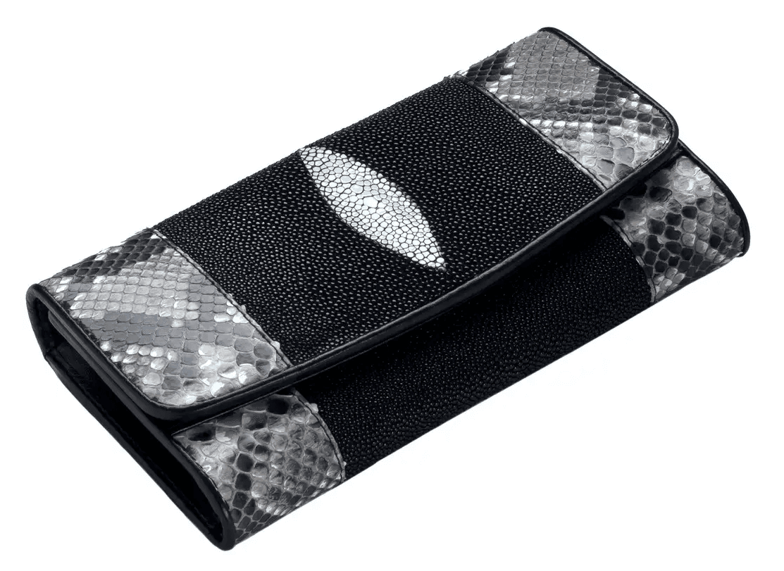 Гаманець Чорний Exotic Leather зі шкіри ската з пітоном (stw 12)