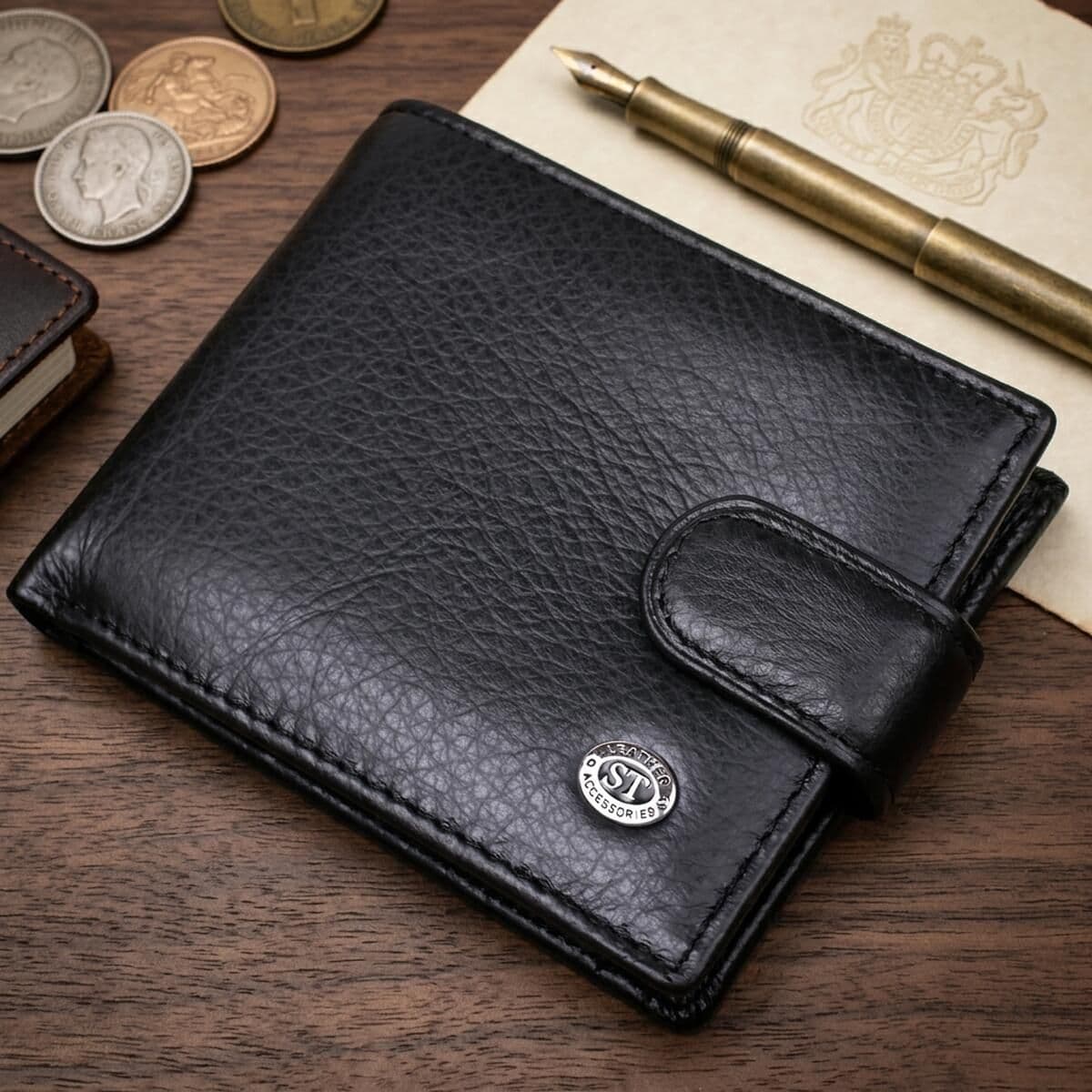 Чоловічий шкіряний купюрник для карток купюр та монет ST Leather 18308 Чорний