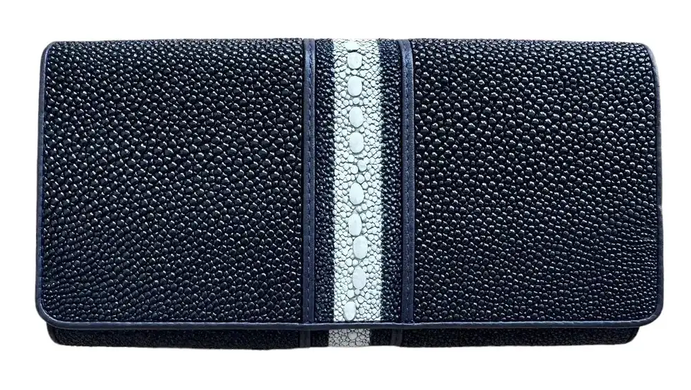 Гаманець жіночий із натуральної шкіри ската з білою смужкою Exotic Leather Темно-синій (stw 79_5)