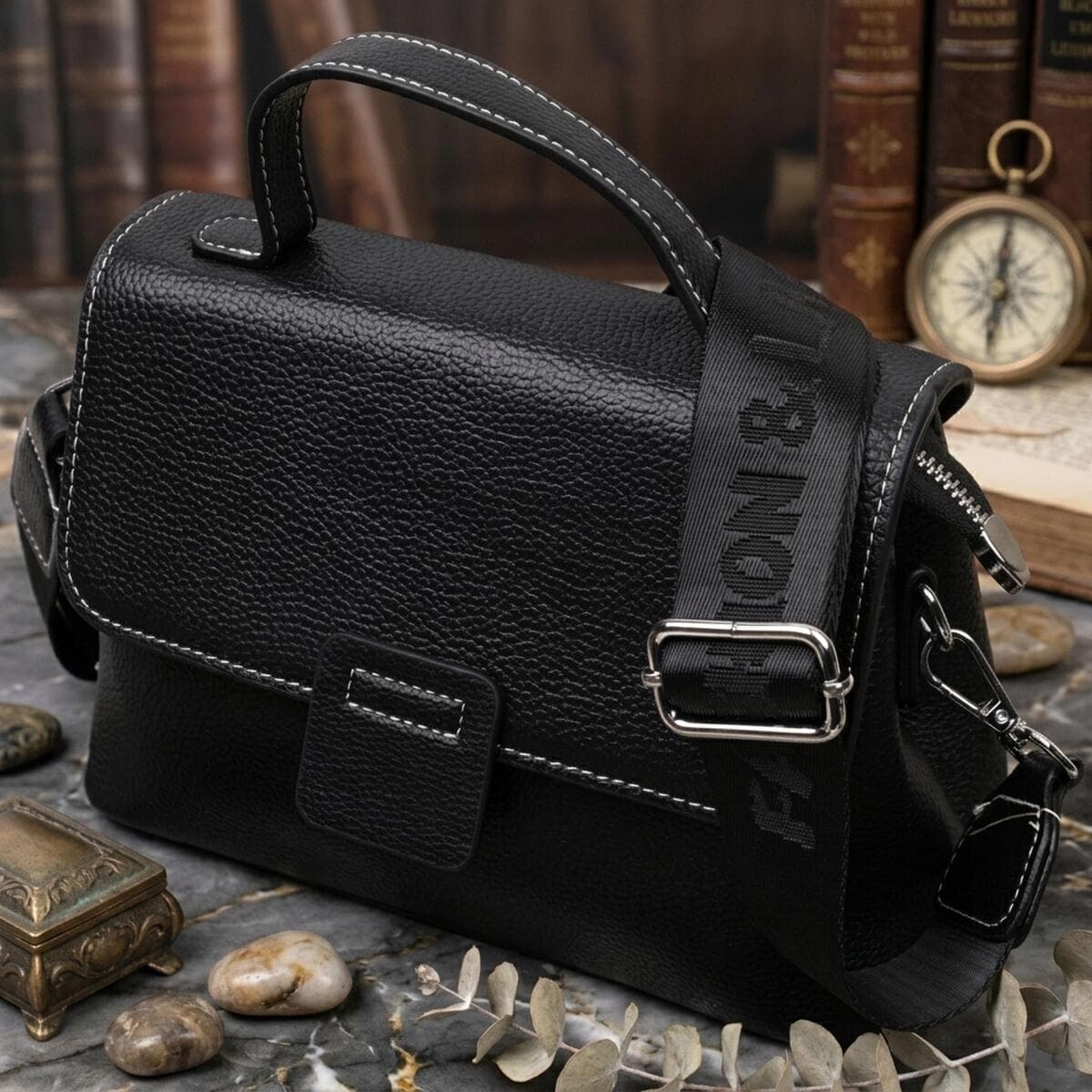 Сумка сэтчел в классическом цвете для женщин из натуральной кожи Vintage 22291 Черная