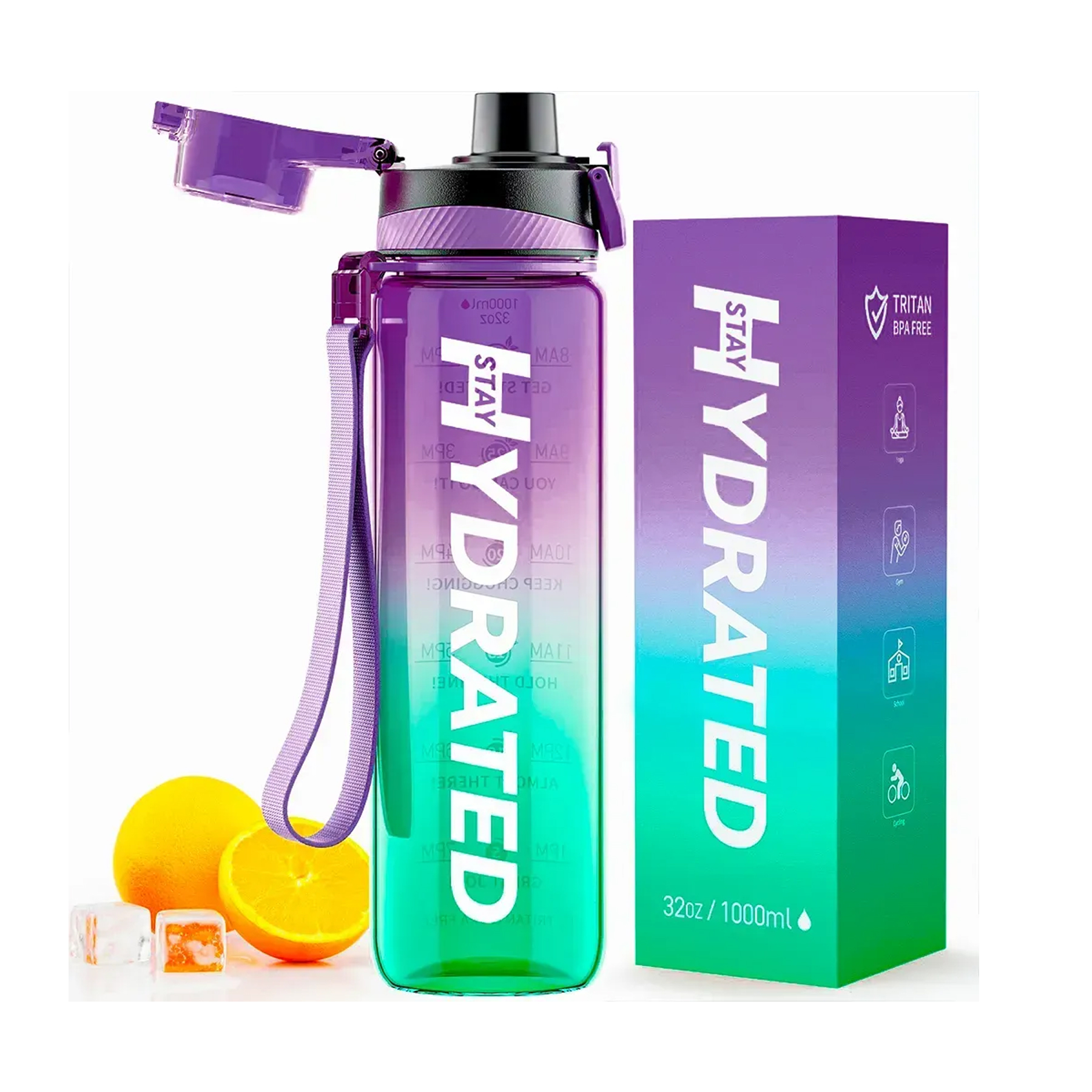 Hydrated Water Bottle - 1000ml Tritan Green Purple (Повреждена упаковка) — фото 1