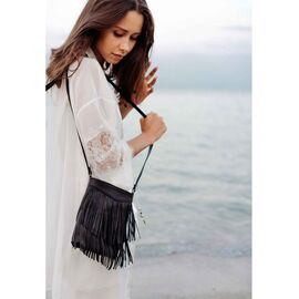 Придбати - Шкіряна жіноча сумка з бахромою міні-кроссбоді Fleco чорна, image , характеристики, відгуки