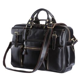 Купить - Брутальная кожаная сумка, множество карманов, черный глянец 7028A, фото , характеристики, отзывы