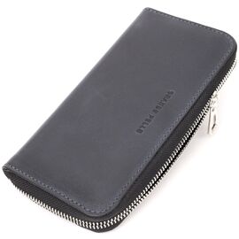 Купить - Стильный кошелек-клатч на молнии из натуральной кожи GRANDE PELLE 11644 Синий, фото , характеристики, отзывы
