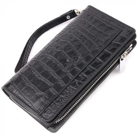 Придбати Оригінальний гаманець-клатч із натуральної шкіри з тисненням під крокодила KARYA 21137 Чорний, image , характеристики, відгуки