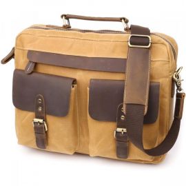 Купить Стильный портфель из качественного текстиля из кожаными вставками Vintage 20874_1 Светло-коричневый, фото , характеристики, отзывы