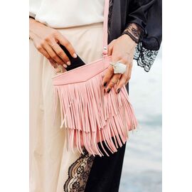 Придбати Шкіряна жіноча сумка з бахромою міні-кроссбоді Fleco рожева, image , характеристики, відгуки