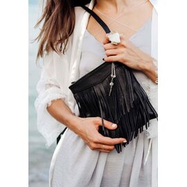 Придбати Шкіряна жіноча сумка з бахромою міні-кроссбоді Fleco чорна, image , характеристики, відгуки