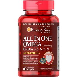 Рыбий жир All In One Omega 3, 5, 6, 7 and 9 with Vitamin D3 - 60 Softgels - Puritans Pride, фото 