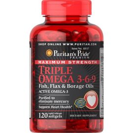 Придбати Maximum Strenght Triple Omega 3 6 9 Fish Flax Borage Oils - 120 Softgels, image , характеристики, відгуки