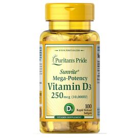 Придбати Вітамін D3 (Vitamin D3 250mcg(10000 IU) Mega-Potency )  - 100 softgels - Puritans Pride, image , характеристики, відгуки