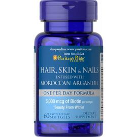 Придбати - Вітаміни для волосся, шкіри і нігтів Hair Skin Nails infused with Moroccan Argan Oil - 60 softgels - Puritans Pride, image , характеристики, відгуки