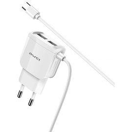 Придбати Сетевое зарядное устройство AWEI C5 Travel charger 2USB + Type-C Cable White, image , характеристики, відгуки