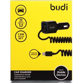 Придбати Автомобильное зарядное устройство BUDI Car charger Blue Led Lightning 1.2 m + 1USB 2.4A Black, image , характеристики, відгуки