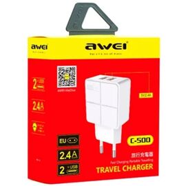 Придбати Сетевое зарядное устройство AWEI C-500 Travel charger 2USB 2.4A White, image , характеристики, відгуки
