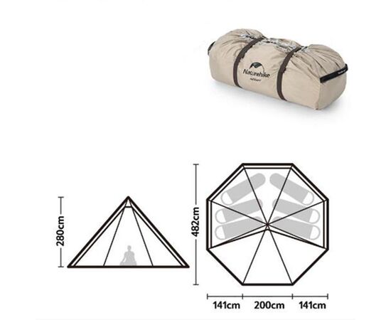 Купить Тент для кемпінгу Naturehike Ranch Pyramid NH20ZP014, 150D, 482*482*280 см, золотий (з п'ятьма стійками), фото , изображение 6, характеристики, отзывы