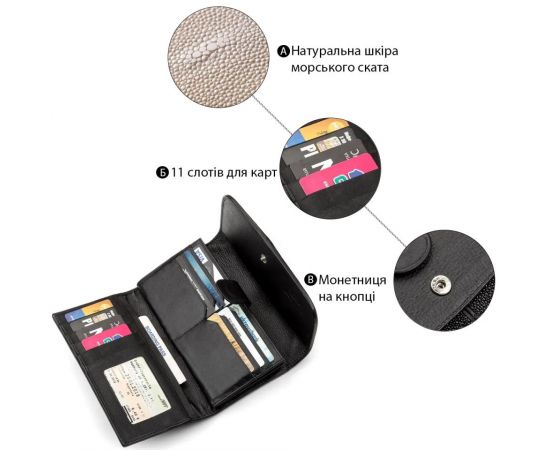 Купить Кошелек женский STINGRAY LEATHER 18103 из натуральной кожи морского ската Черный, фото , изображение 4, характеристики, отзывы