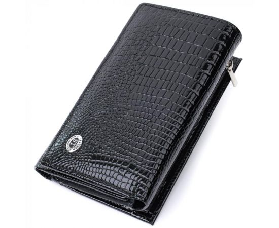 Купить Женский кошелек в три сложения из лакированной фактурной натуральной кожи ST Leather 22707 Черный, фото , характеристики, отзывы