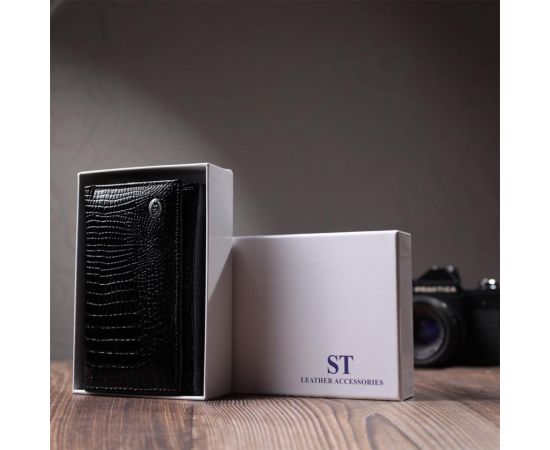 Купить Женский кошелек в три сложения из лакированной фактурной натуральной кожи ST Leather 22707 Черный, фото , изображение 11, характеристики, отзывы