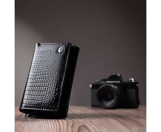 Купить Женский кошелек в три сложения из лакированной фактурной натуральной кожи ST Leather 22707 Черный, фото , изображение 9, характеристики, отзывы