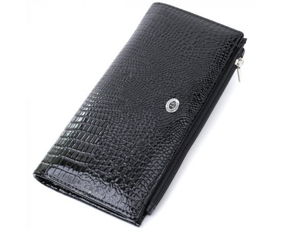 Купить Лакированный тонкий кошелек с фактурой под рептилию из натуральной кожи ST Leather 22716 Черный, фото , характеристики, отзывы