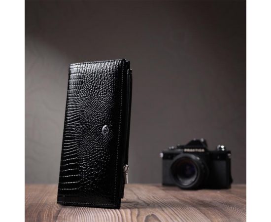 Купить Лакированный тонкий кошелек с фактурой под рептилию из натуральной кожи ST Leather 22716 Черный, фото , изображение 9, характеристики, отзывы