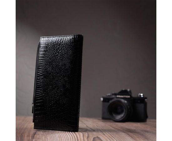 Купить Лакированный тонкий кошелек с фактурой под рептилию из натуральной кожи ST Leather 22716 Черный, фото , изображение 10, характеристики, отзывы