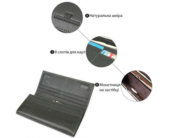 Купить Стильный кошелек у два сложения из натуральной кожи ST Leather 23066 Зеленый, фото , изображение 4, характеристики, отзывы
