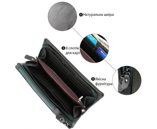 Купить Удобный кошелек для женщин с кистевым ремнем из натуральной кожи ST Leather 23104 Зеленый, фото , изображение 4, характеристики, отзывы