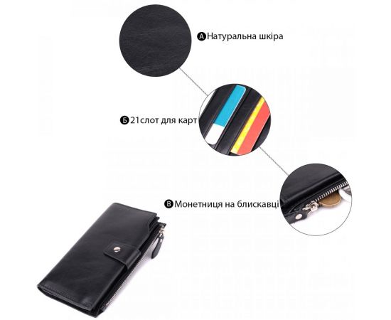 Купить Вертикальный стильный кошелек из гладкой натуральной кожи Vintage 22885 Черный, фото , изображение 4, характеристики, отзывы