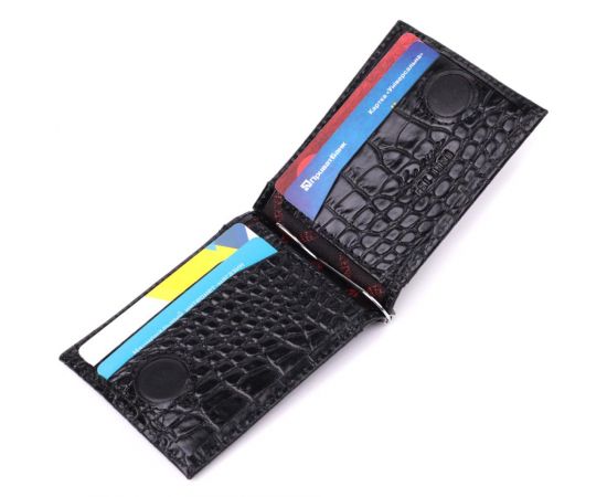 Купить Удобный мужской зажим из натуральной фактурной кожи под крокодила KARYA 22886 Черный, фото , изображение 6, характеристики, отзывы