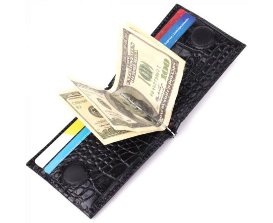 Купить Удобный мужской зажим из натуральной фактурной кожи под крокодила KARYA 22886 Черный, фото , изображение 7, характеристики, отзывы