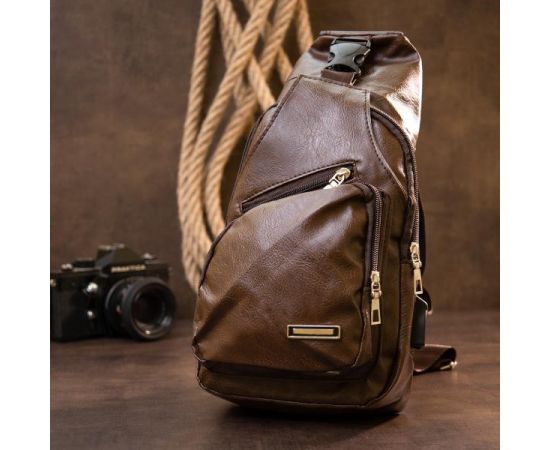 Купить Сумка кросс боди с эмблемой из кожзама Vintage 20569 Коричневая, фото , изображение 6, характеристики, отзывы