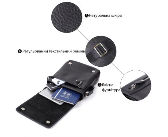 Купить Мужская сумка через плечо из мягкой натуральной кожи Tony Perotti 20845_1 (9207-24 nero) Черный, фото , изображение 4, характеристики, отзывы