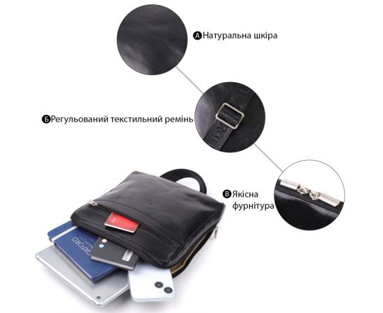 Купить Мужская сумка через плечо из гладкой натуральной кожи Tony Perotti 20855_1 (9137-20 nero) Черный, фото , изображение 4, характеристики, отзывы